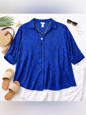 Catherines Paisley Blouse Resort Casual Flowy Tunic Top Plus 4X Royal Blue B32